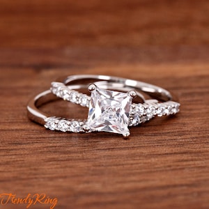 Solid 925 Sterling Silver Bridal Wedding Ring 6mm Princess Cut Square CZ Prong Set with Half Eternity CZ Band Matching Set Size 3-12