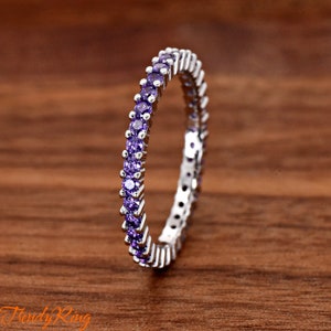 Solid 925 Sterling Silver 2mm Thin Shared Prong Set February Birthstone Amethyst Purple Color CZ Full Eternity Ring Stackable Size 4-12
