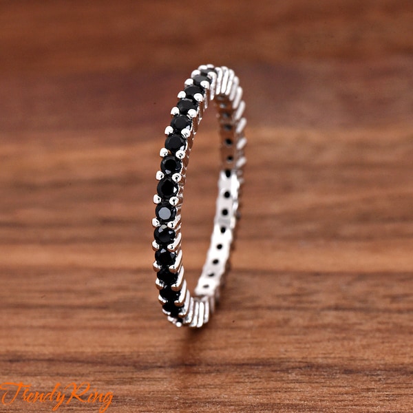 Solid 925 Sterling Silver 2mm Thin Shared Prong Set Simulated Onyx Black Color CZ Full Eternity Ring Minimalist Stackable Jewelry Size 4-12