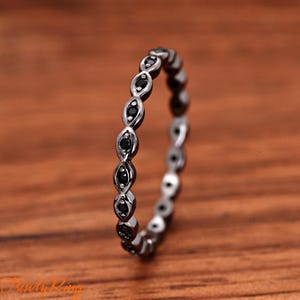 Women Black Eternity Ring, CZ Full Eternity Band, Skinny 2mm Solid 925 Sterling Silver Stackable Thumb Midi Ring, Thin Engagement Ring Band