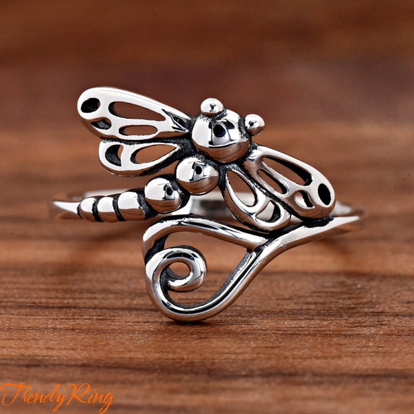 Bypass Style Dragon Fly Wire Heart Solid 925 Sterling Silver Womens Ring Anniversary Gift Idea Dainty Insect Theme Ring