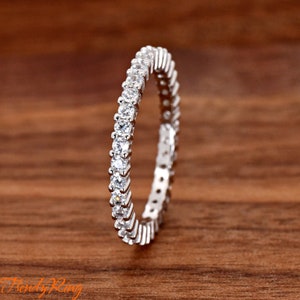 Solid 925 Sterling Silver 2mm Thin Shared Prong Set April Birthstone Clear CZ Full Eternity Ring Minimalist Stackable Jewelry Size 4-12