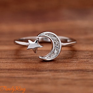 Solid 925 Sterling Silver 7mm Crescent Moon and Star Open Adjustable Ring | Wraparound Moon Star Celestial Ring | Silver Thumb Ring