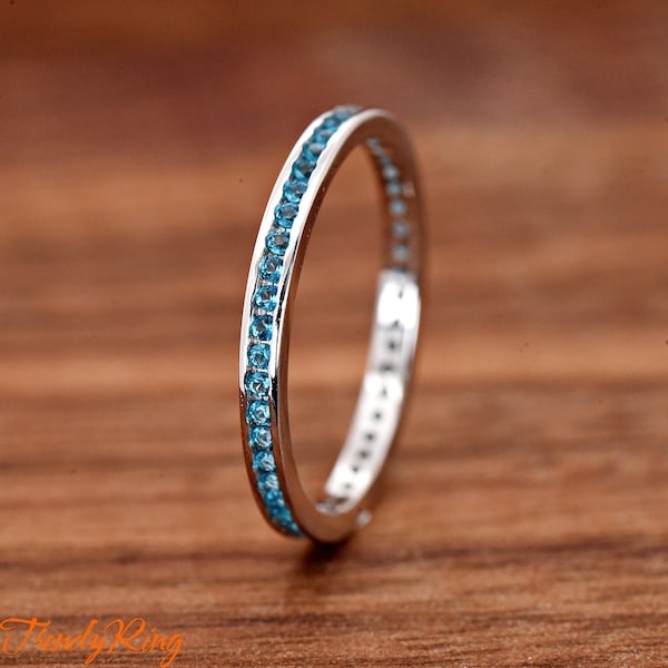 Solid 925 Sterling Silver Simulated December Birthstone Blue Topaz Cubic Zirconia Channel Set 2mm Eternity Ring Stackable Band Size 2-10