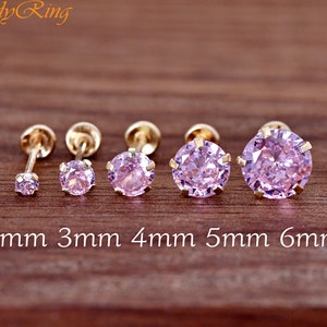 14 Karat Gold 2mm 3mm 4mm 5mm 6mm Pink Color CZ Prong Set Martini Stud Screw Back Earrings Minimalist Girls Small Children Womens Pair