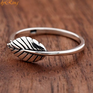 Solid 925 Sterling Silver Dainty Leaf Ring, Sideways Leaves Simple Ring, Plain Leaf Ring