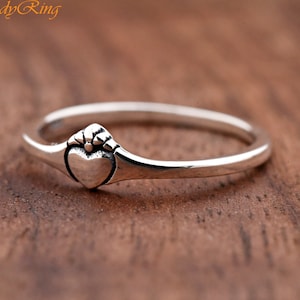 Solid 925 Sterling Silver Dainty Heart Crown Ring, Womens Heart Crown Simple Ring