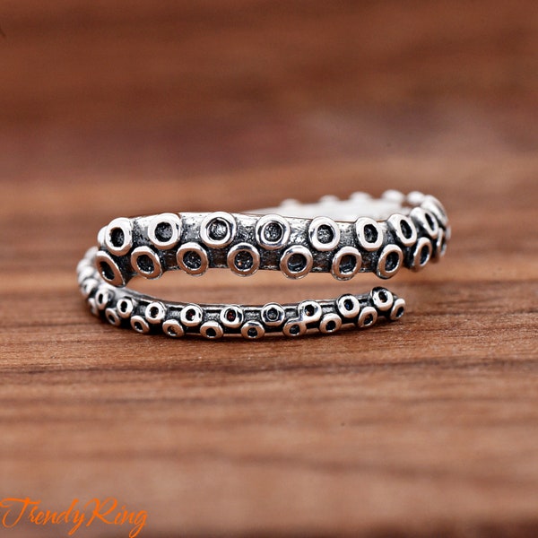 Solid 925 Sterling Silver Vintage Oxidized Gothic Style Octopus Arm Open Adjustable Midi Thumb Ring Size 5-10