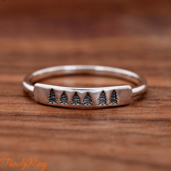 Solid 925 Sterling Silver Minimalist Simple Bar with Pine Trees Engraved Ring, Tree Ring Silver