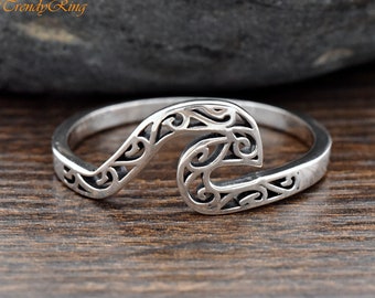 Solid 925 Sterling Silver Filigree Cut Out Ocean Sea Waves Ring Size 4-10