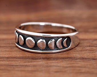 Solid 925 Sterling Silver Oxidized Vintage Style Full Moon to Crescent Moon Phase Carved Center Lunar Trendy Fasthion Ring Size 5-10