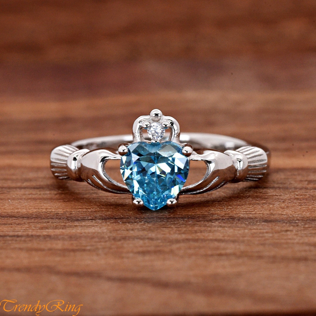 Sterlingsilber Claddagh Ring Mit Aquamarin CZ – Geburtsstein März, Größen I Bis U, Schmuck-Geschenk