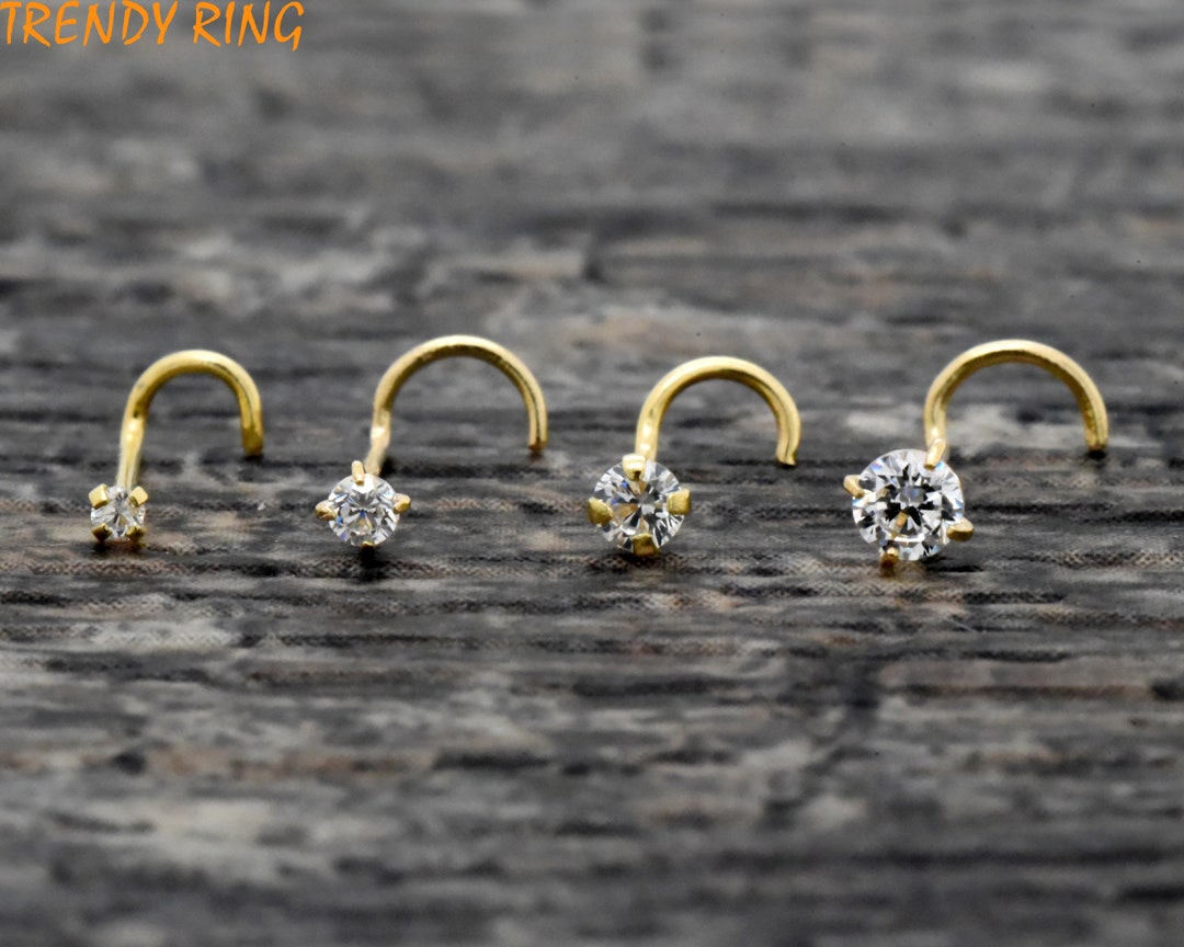 14K Gold Nose Screw Stud, Cubic Zirconia Prong Set Nose Screw Gold