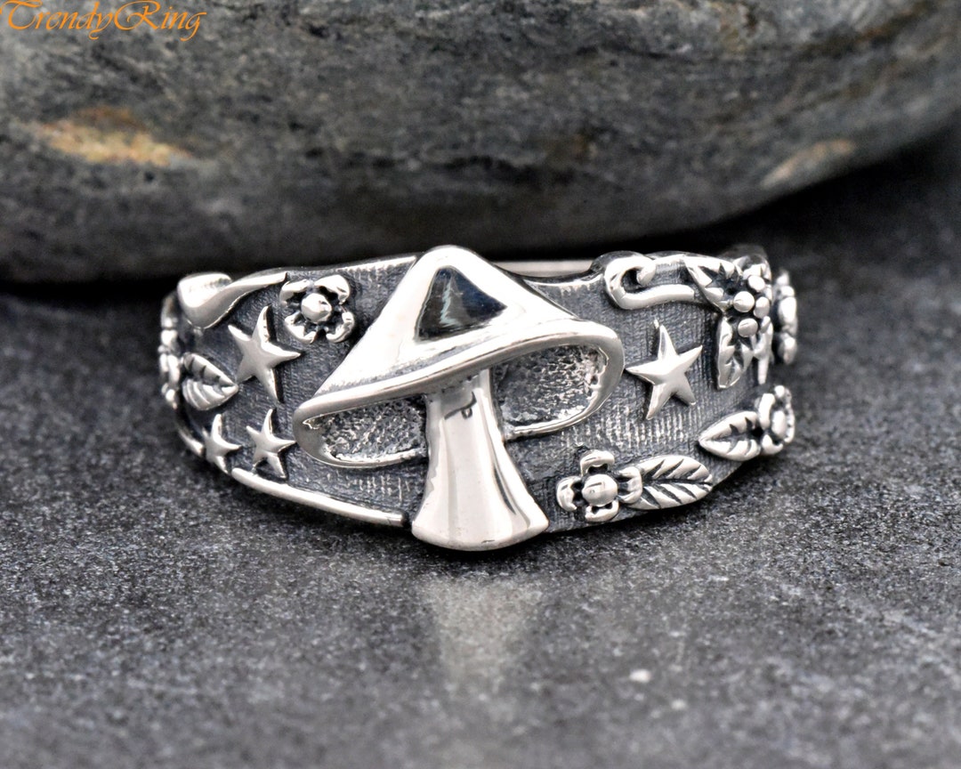 Mushroom Ring, Solid 925 Sterling Silver Magical Garden Flower Branch