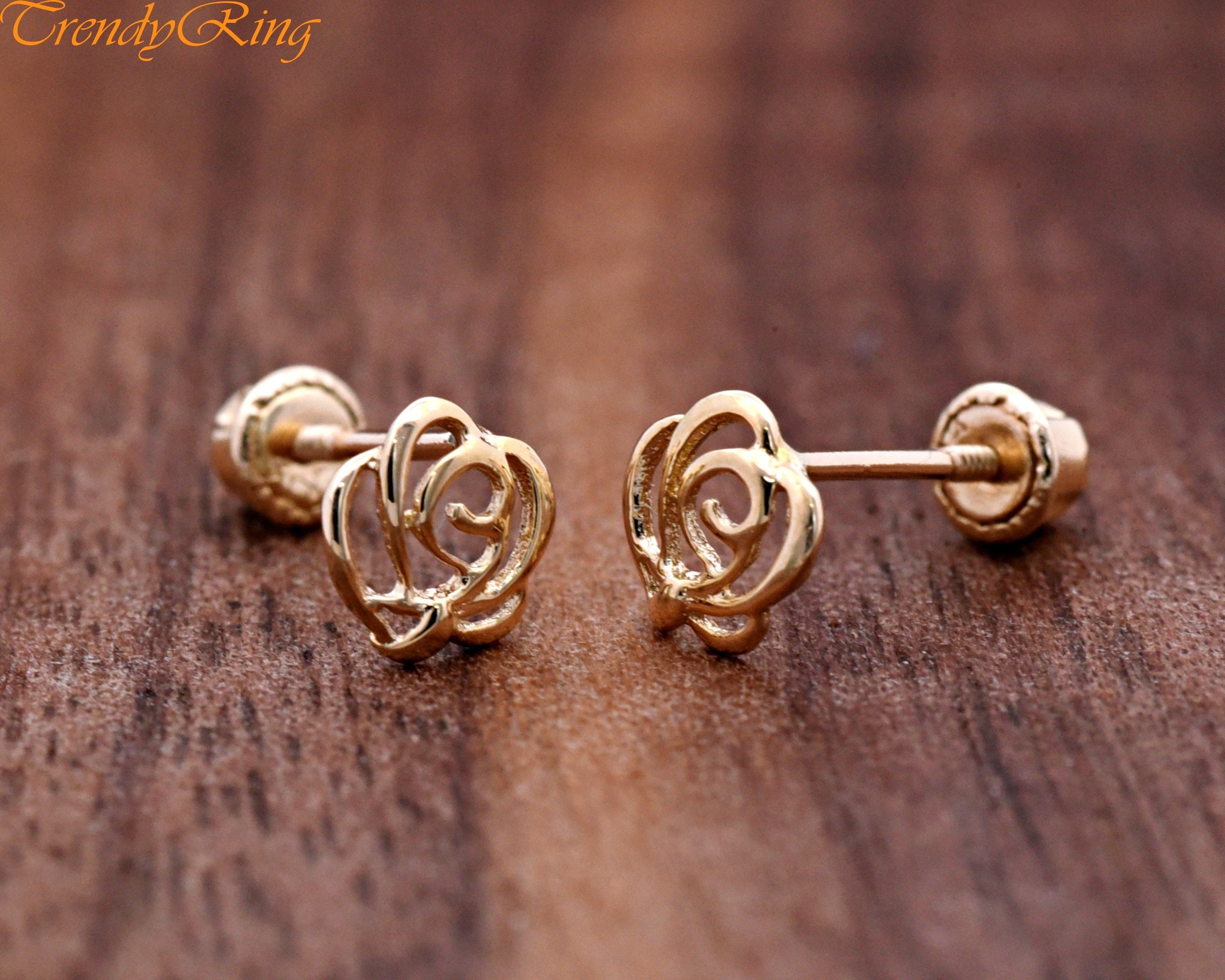 Tiny Rose Flower Gold Studs, 14k Solid Gold Rose Flower