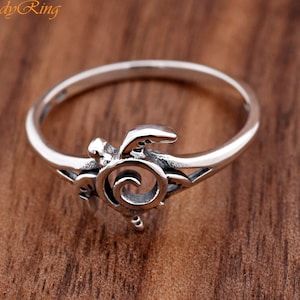 10mm Vintage Style Oxidized Solid 925 Sterling Silver Swirl Center Sea Turtle Hawaiian Honu Boho Ring