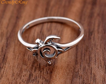 10mm Vintage Style Oxidized Solid 925 Sterling Silver Swirl Center Sea Turtle Hawaiian Honu Boho Ring