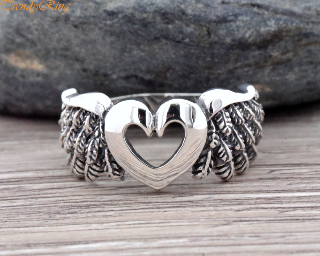 Open Heart With Angle Wings Side Promise Ring, Solid 925 Sterling