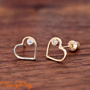 Solid 14k Gold Tiny 6mm Open Heart with Clear CZ Screw Back Studs Earrings, Girls Women&#39;s Gold Earrings, Gift