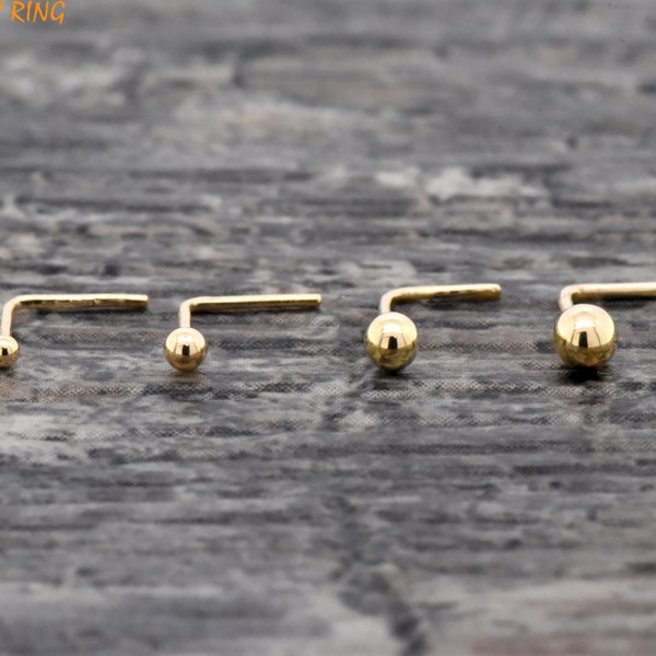 Solid 14K Yellow Gold Ball L Shape Bend End Nose Ring, 23 Gauge 14K Gold Round Ball L Bend Nose Studs, Gold Ball Nose Ring Studs Jewelry