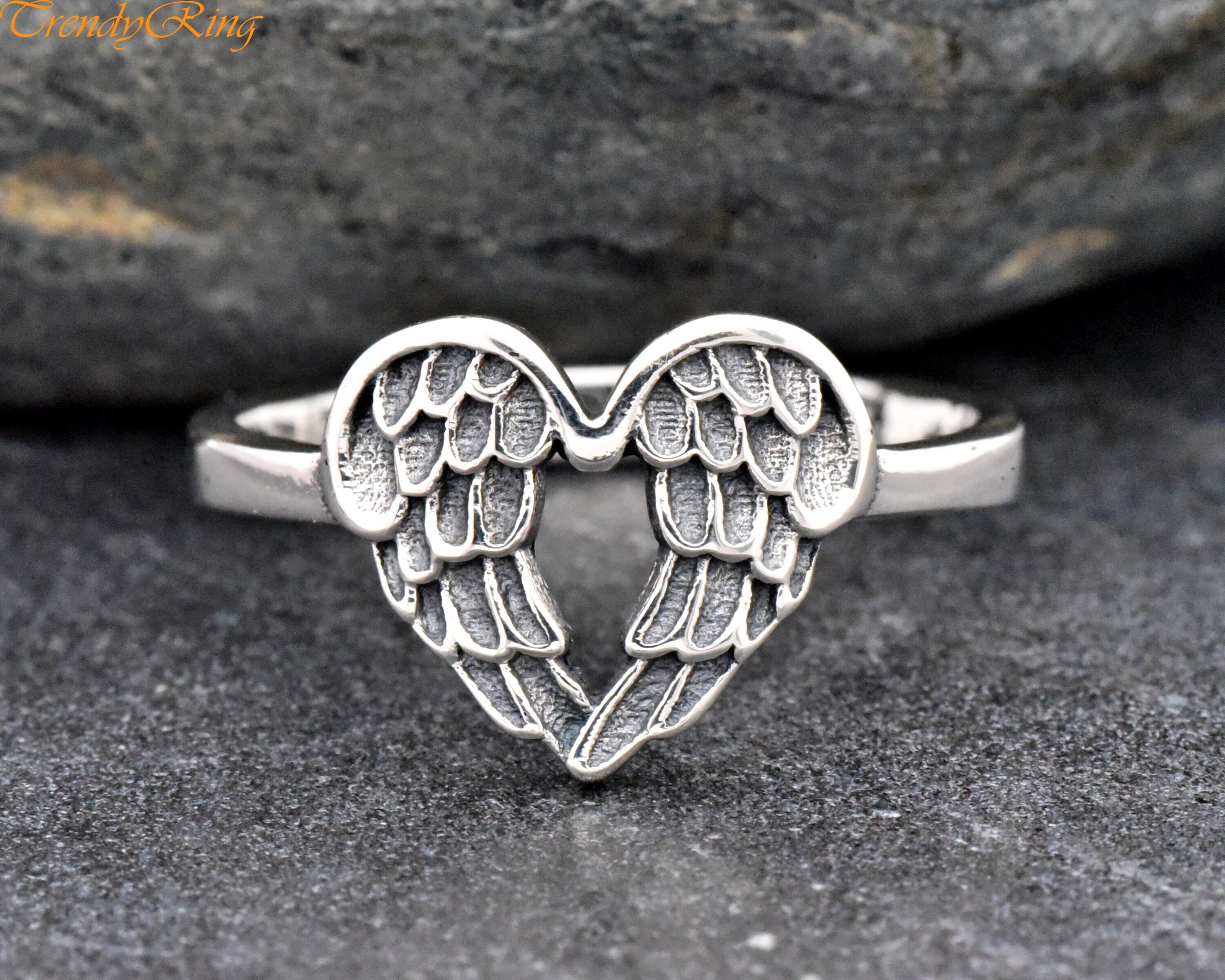 Vintage Style Heart Wings Sterling Silver Ring Oxidized 925 Sterling Silver Wing Heart Shaped Wings Ring Womens Angel Wings Ring