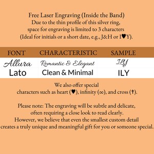 May include: An informational graphic on a peach background detailing laser engraving options for a silver ring. It lists font choices Allura and Lato, character limits, and available symbols including a heart, infinity sign, and a cross.