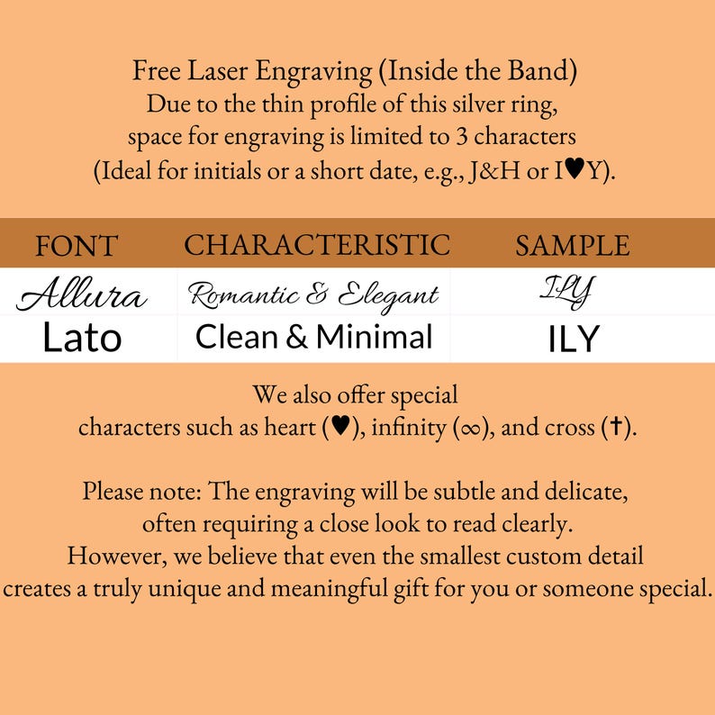 May include: An informational graphic on a peach background detailing laser engraving options for a silver ring. It lists font choices Allura and Lato, character limits, and available symbols including a heart, infinity sign, and a cross.