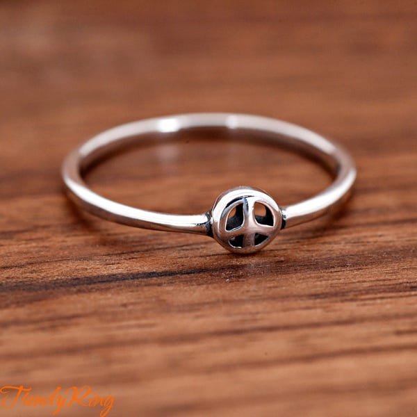 Solid 925 Sterling Silver High Polished Shiny Tiny 4mm Round Peace Sign Symbol Statement Ring Size 4-10