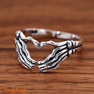 Skeleton Hands Heart Ring, Gothic Theme Skeleton Hands Ring, Sterling Silver Promsie Ring, Women&#39;s Hands Heart Sign Unique Ring