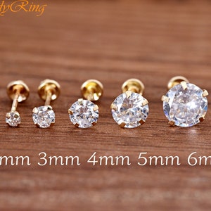 14 Karat Gold 2mm 3mm 4mm 5mm 6mm Clear CZ Prong Set Martini Stud Screw Back Earrings Minimalist Style Girls Small Children Womens Pair