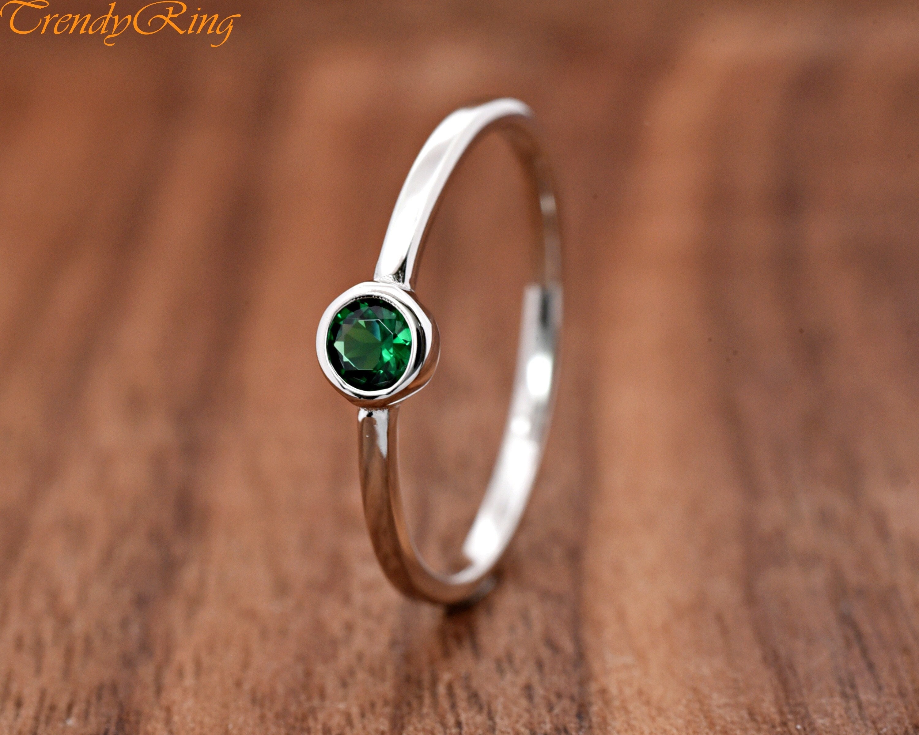 Solid 925 Sterling Silver 4mm May Birthstone Green Emerald Color Round Cubic Zirconia Bezel Set Solitaire Girls Womens Childrens Ring