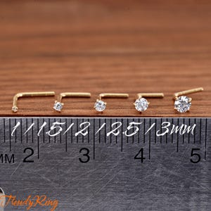 Dainty Solid 14K Gold L Shape Bend Nose Ring, 20 Gauge 14K Gold Round 1mm - 3mm CZ Prong Set L Bend Nose Studs, Gold Nose Ring Studs Jewelry
