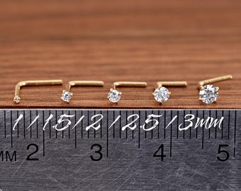 Dainty Solid 14K Gold L Shape Bend Nose Ring, 20 Gauge 14K Gold Round 1mm - 3mm CZ Prong Set L Bend Nose Studs, Gold Nose Ring Studs Jewelry
