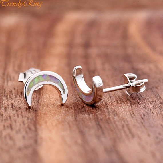 7mm Crescent Moon Opal Studs Earrings, Lab Created Opal Inlay Stud Earrings, Sterling Silver Opal Earrings Push Back, Tiny Unique Earrings
