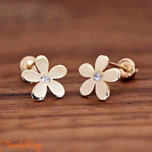 Solid 14k Yellow Gold Dainty 7.5mm Five Petal Flower CZ Screw Back Studs Earrings, Girls Women&#39;s Flower Gold Earrings, Gift