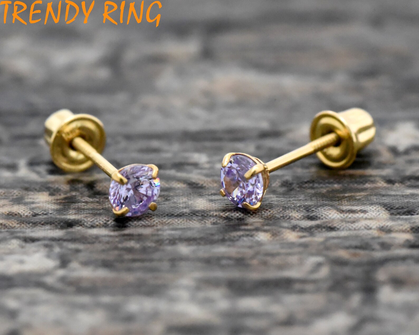 Children Birthstone Earrings Solid 14K Gold Studs Lavender Etsy