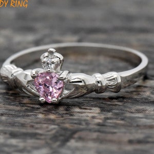 Heart Claddagh Wedding Ring | Synthetic Pink CZ October Birthstone Irish Claddagh Ring | Kids Girls Claddagh Ring | 925 Sterling Silver