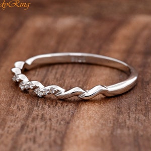 Half Eternity Twisted Center CZ Set Stackable Thin Ring, Womens Engagement Ring Band, Solid 925 Sterling Silver CZ Ring