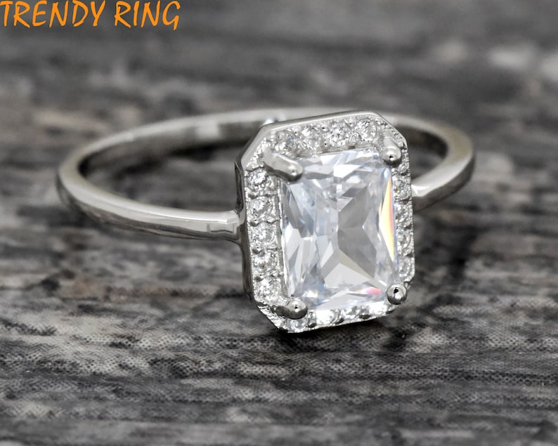 Women/'s Promise Ring Womens Wedding Ring Radiant Cut Halo CZ Ring Gift Ideas Rectangle CZ Halo Art Deco Dainty Engagement Ring