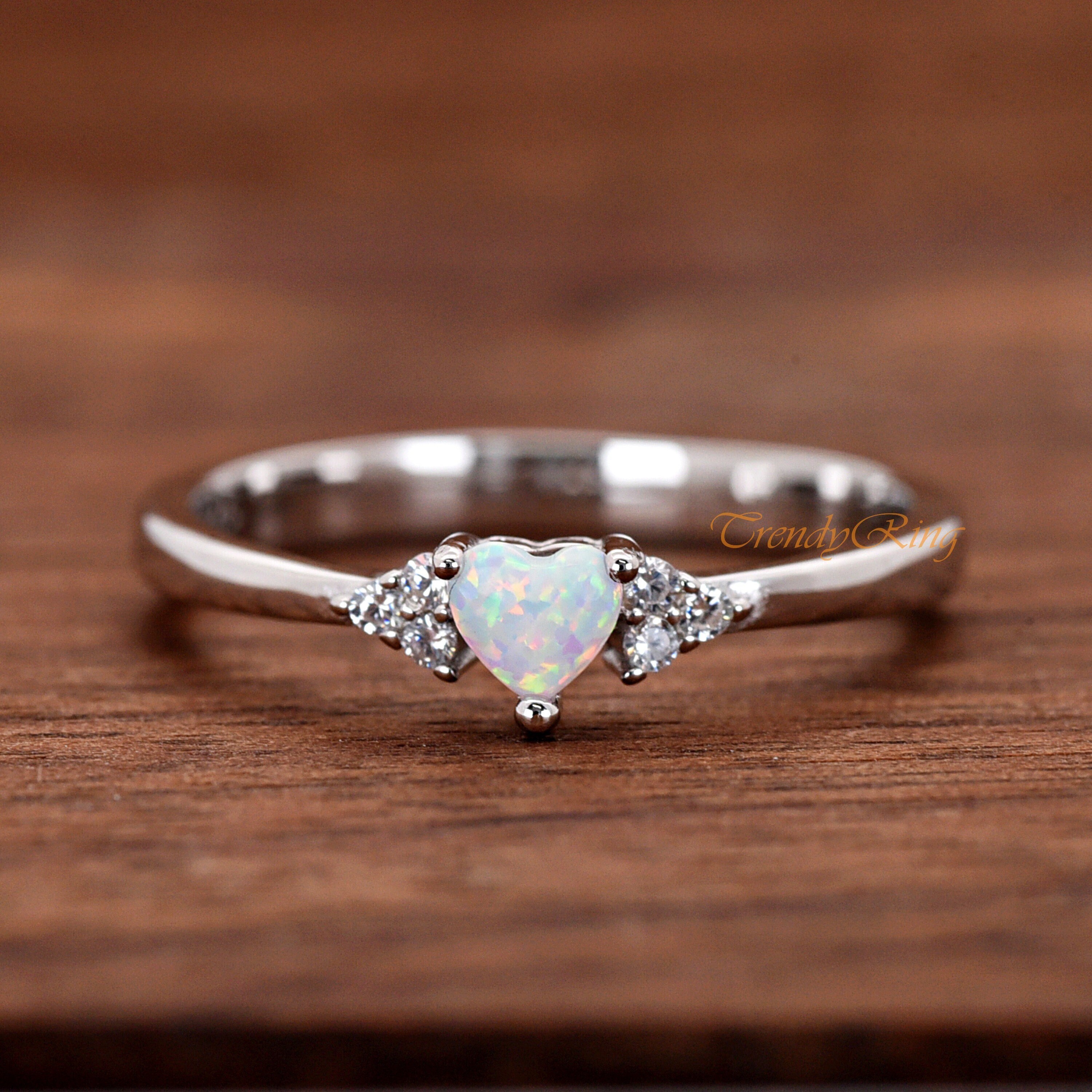 925 Sterling Silver 4mm Small White Opal Heart CZ With Clear CZ 