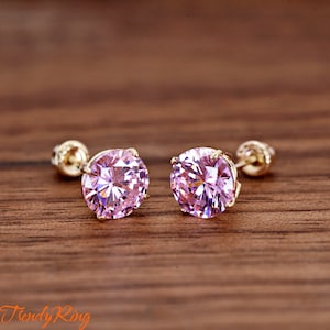 14 Karat Gold 2mm 3mm 4mm 5mm 6mm Pink Color CZ 4 Prong Basket Set Stud Screw Back Earrings Minimalist Girls Small Children Womens Pair