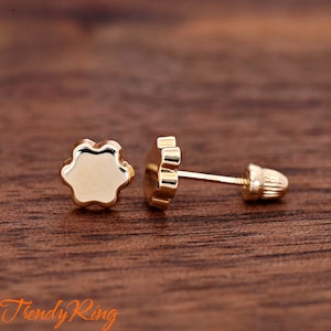 14k Yellow Gold 6mm Tiny Flat Flower Floral Shape Minimalist Dainty Screw Back Earrings Girls Womens Jewelry