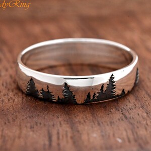 Anillo de plata de ley 925 maciza, pulido, de 5 mm de ancho, con grabado de Forest Tress imagen 3