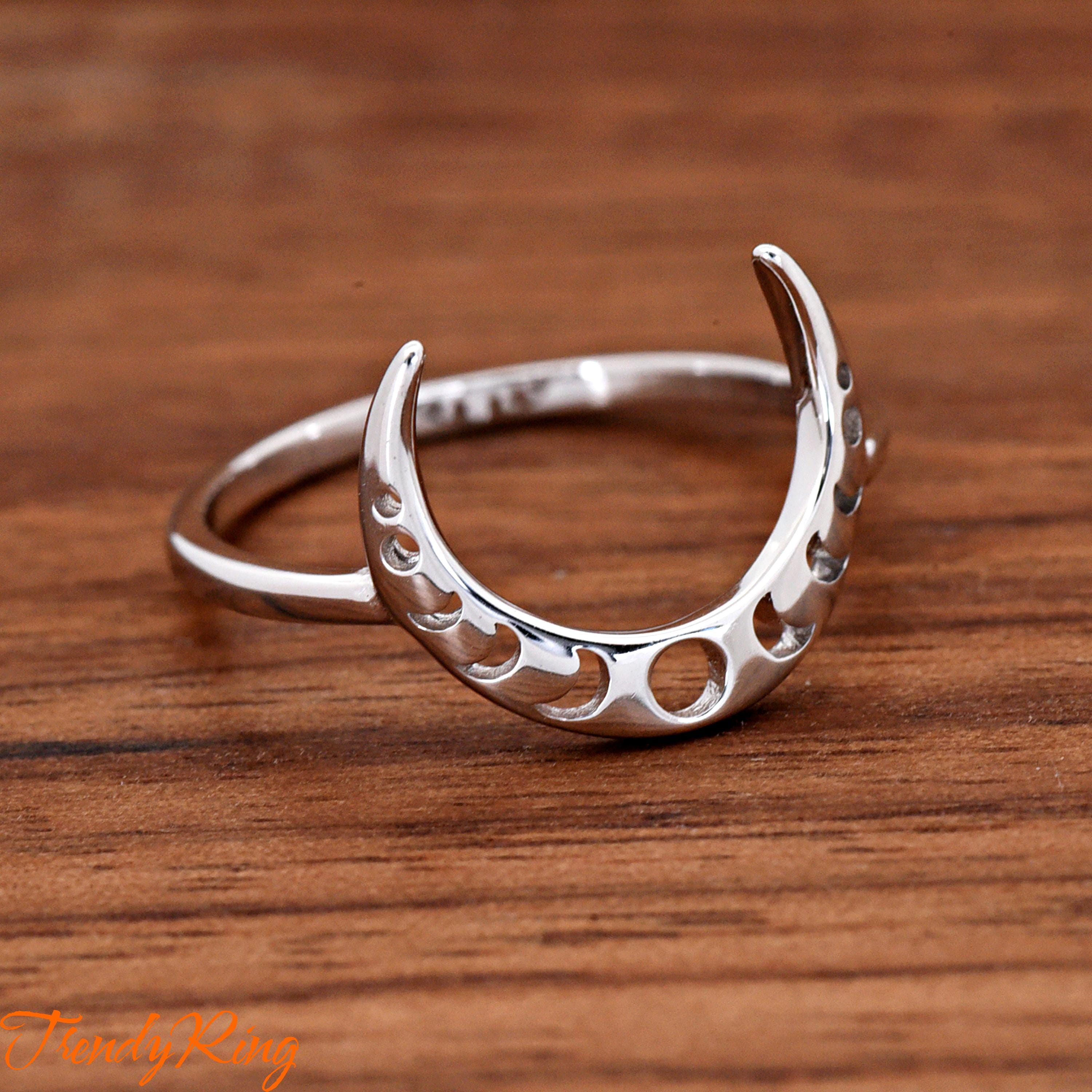 Moon Phases Ring | Crescent Moon Ring | 925 Sterling Silver Phases Moon Pattern on Crescent Moon Ring | Unique Gift Ideas