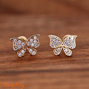 Solid 14k Yellow Gold Dainty 8mm Butterfly Insect Theme Screw Back Studs Earrings, Girls Women&#39;s Gold Earrings, Gift