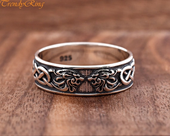 Solid 925 Sterling Silver Lion Heads Celtic Braided Knot Side Pipe Cut Ring, Womens Mens Couples Promise Anniversary Ring, Silver Band