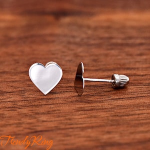 14k White Gold 7mm Heart Stud Screw Back Earrings, Love Heart Gold Studs, Girls Women&#39;s Gold Earrings, Christmas Valentine&#39;s Gift Idea