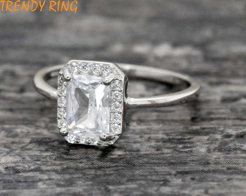 Women/'s Promise Ring Womens Wedding Ring Radiant Cut Halo CZ Ring Gift Ideas Rectangle CZ Halo Art Deco Dainty Engagement Ring