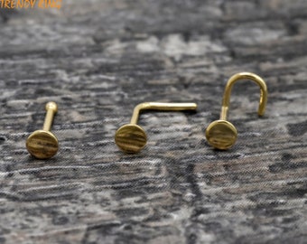 Dainty 3.5mm Circle Nose Studs, Nose Ball End, L-Shape Gold Nose Stud Ring, Disc Flat Screw Nose Ring, 14K Solid Gold Circle Flat Nose Stud