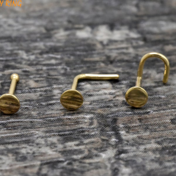Dainty 3.5mm Circle Nose Studs, Nose Ball End, L-Shape Gold Nose Stud Ring, Disc Flat Screw Nose Ring, 14K Solid Gold Circle Flat Nose Stud
